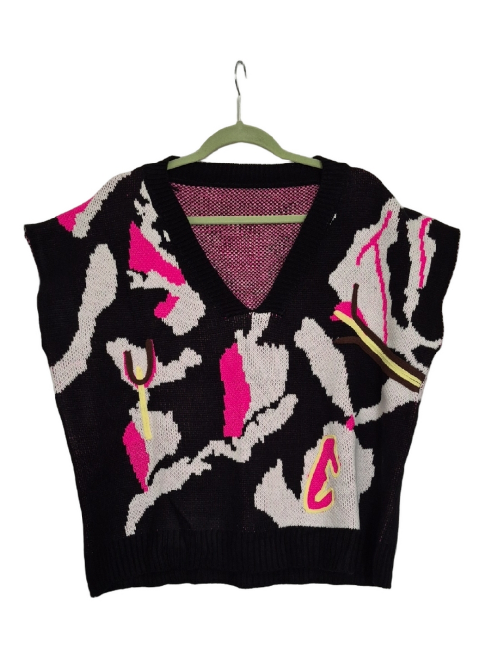 80s Style Black, Hot Pink & Cream White Abstract V-Neck Sweater Vest XL